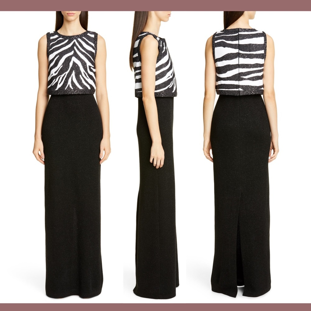 NWT $2500 St. John Collection [SZ 0 ] Sequin Zebra Jacquard Knit Gown‎